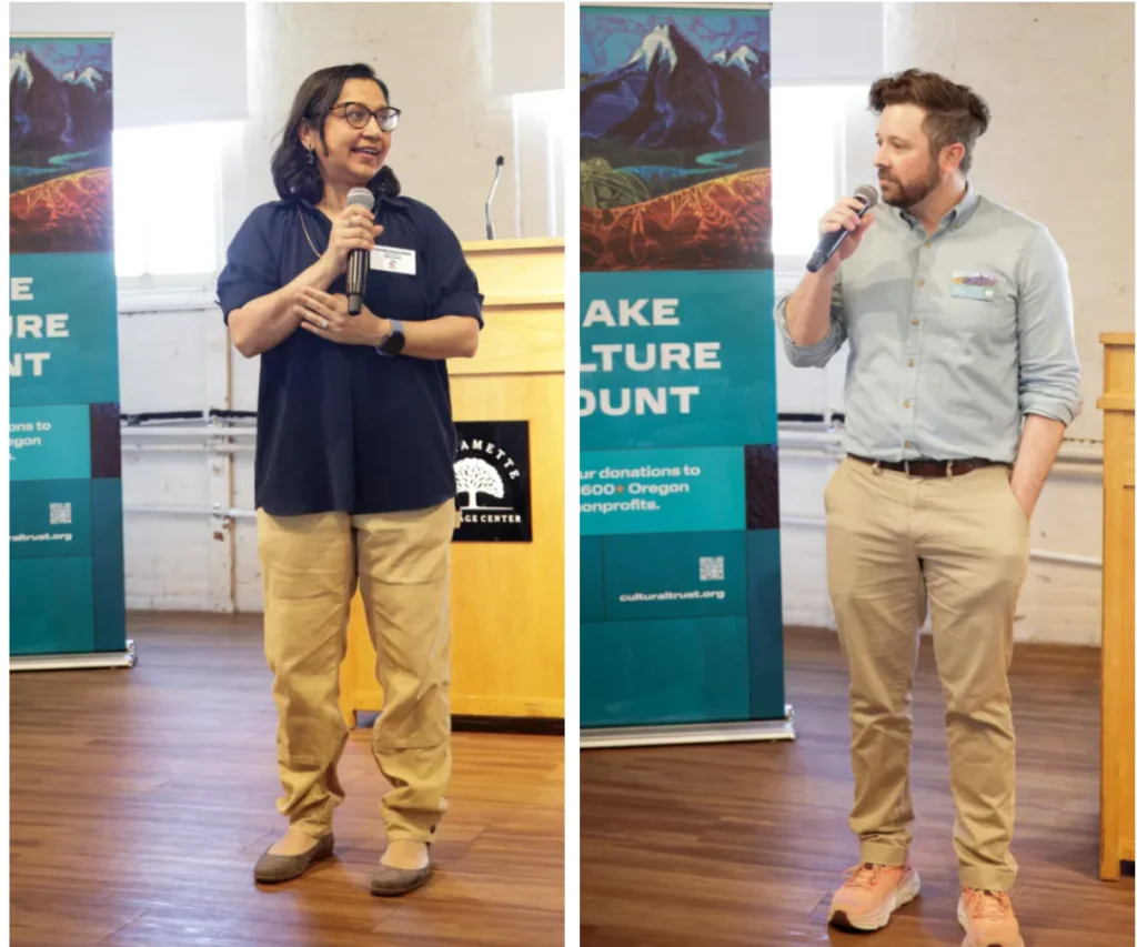 Left: Subashini Ganesan-Forbes, chair of the Oregon Arts Commission. Right: Sean Andries, executive director of the Chehalem Cultural Center in Newberg and the chair of the Oregon Cultural Trust.
