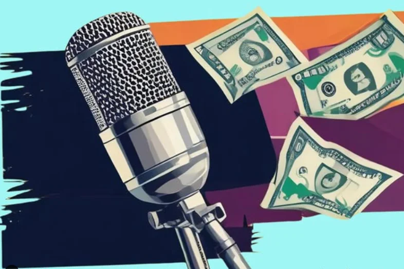An illustration of a microphone and dollar bills