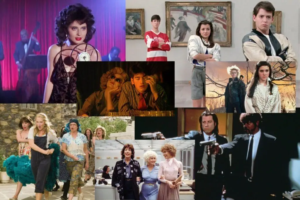 A selection of stills from Blue Velvet, Ferris Bueller's Day Off, Chunking Express, Labyrinth, Mamma Mia, 9 to 5 and Pulp Fuction.