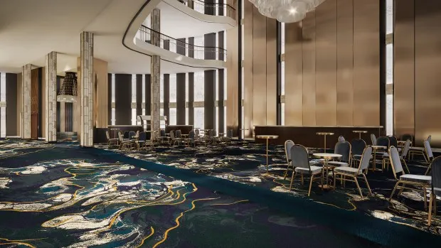 An artist's rendering of the planned renovations, including a new ocean-blue color scheme, in the Grand Salon atrium of the San Diego Civic Theatre in downtown San Diego. (San Diego Theatres)