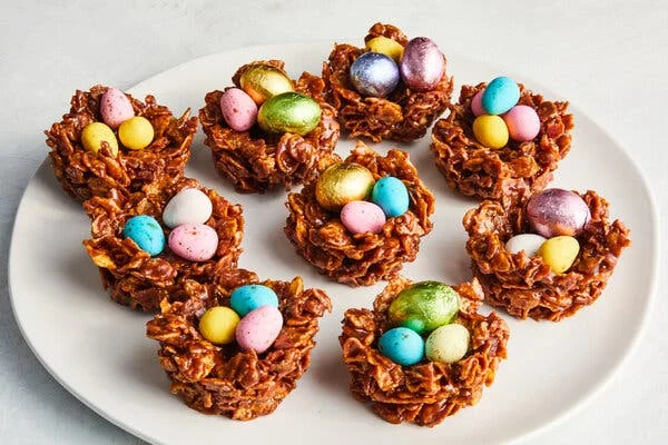 A side image of Easter nests topped with candy eggs.