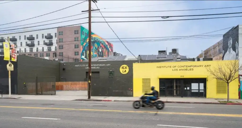 A city street with a building with signage reading Institute of Contemporary Art Los Angeles