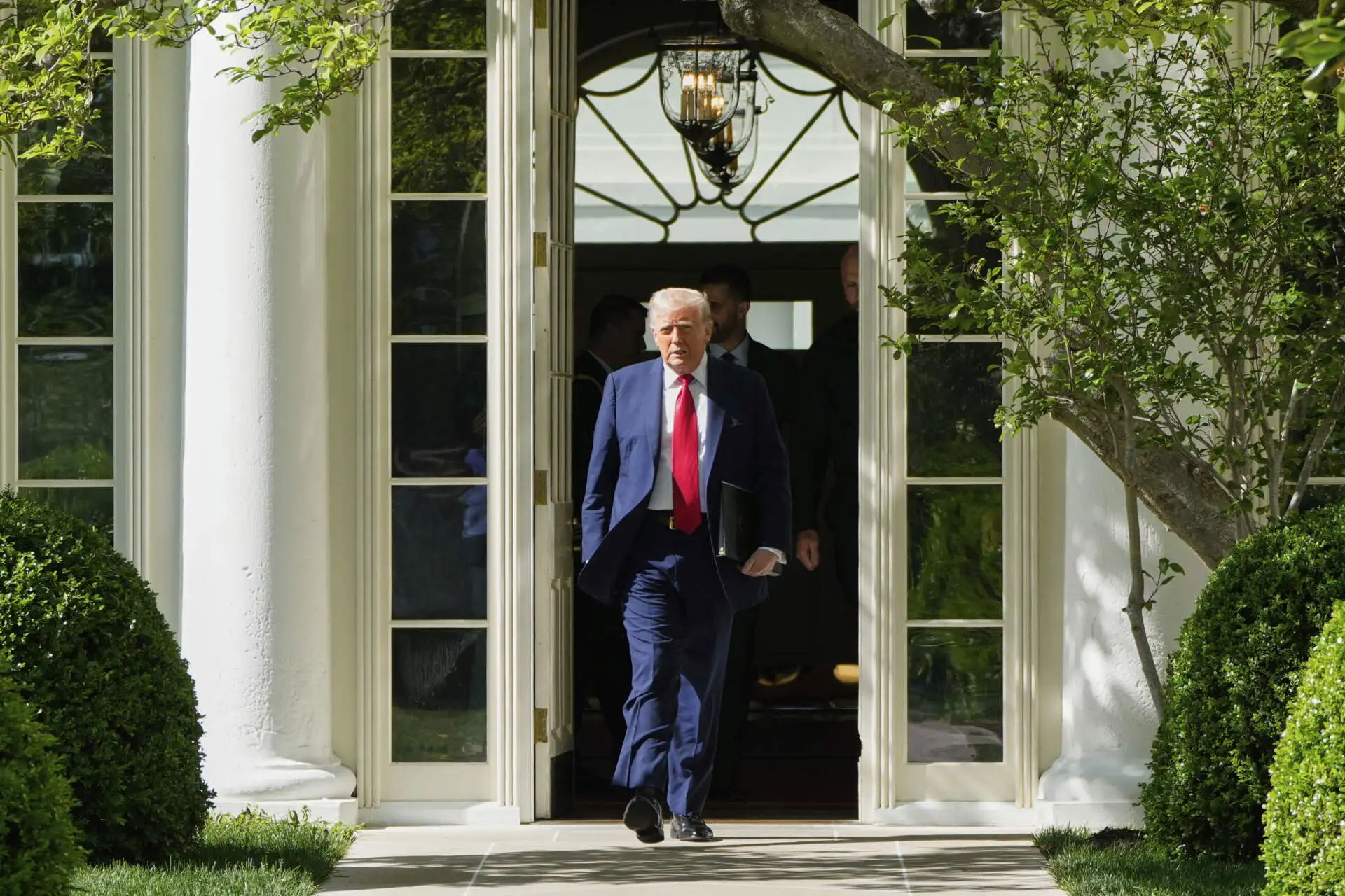 President Donald Trump at South Lawn of the White House on Monday, April 28. (Mark Schiefelbein/AP)