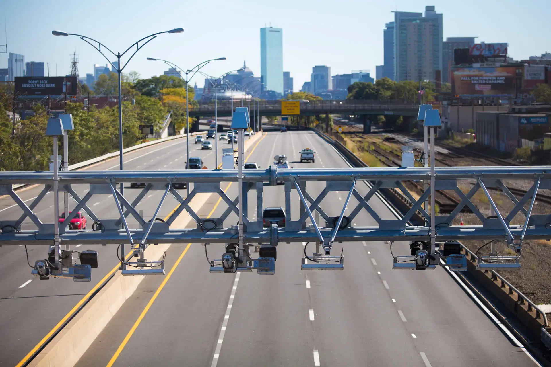 Toll gantry on the Mass Pike located at Boston Landing in 2016. (Jesse Costa/WBUR)