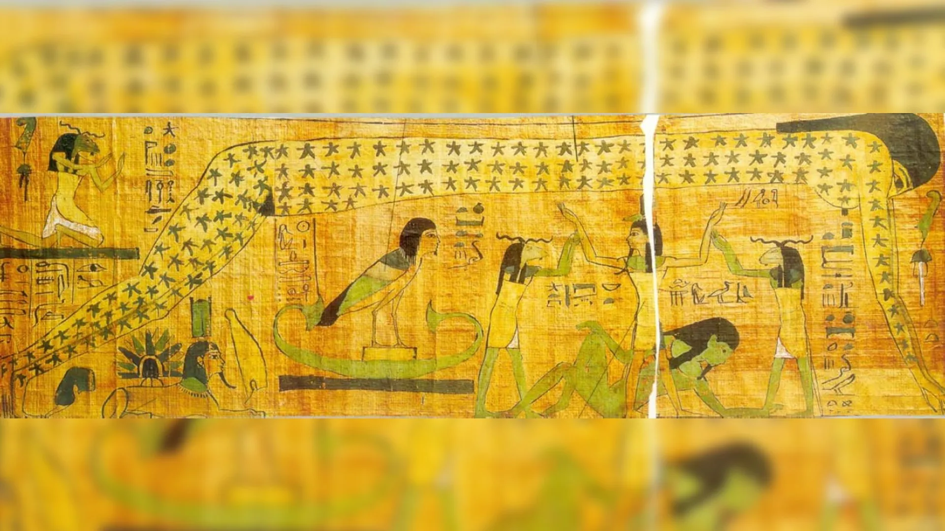 a depiction of an egyptian goddess stretched out forming the sky above depictions of other people. stars cover her entire body