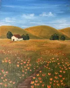 A painting of a field with poppies and wildflowers with a house and hills in the distance.