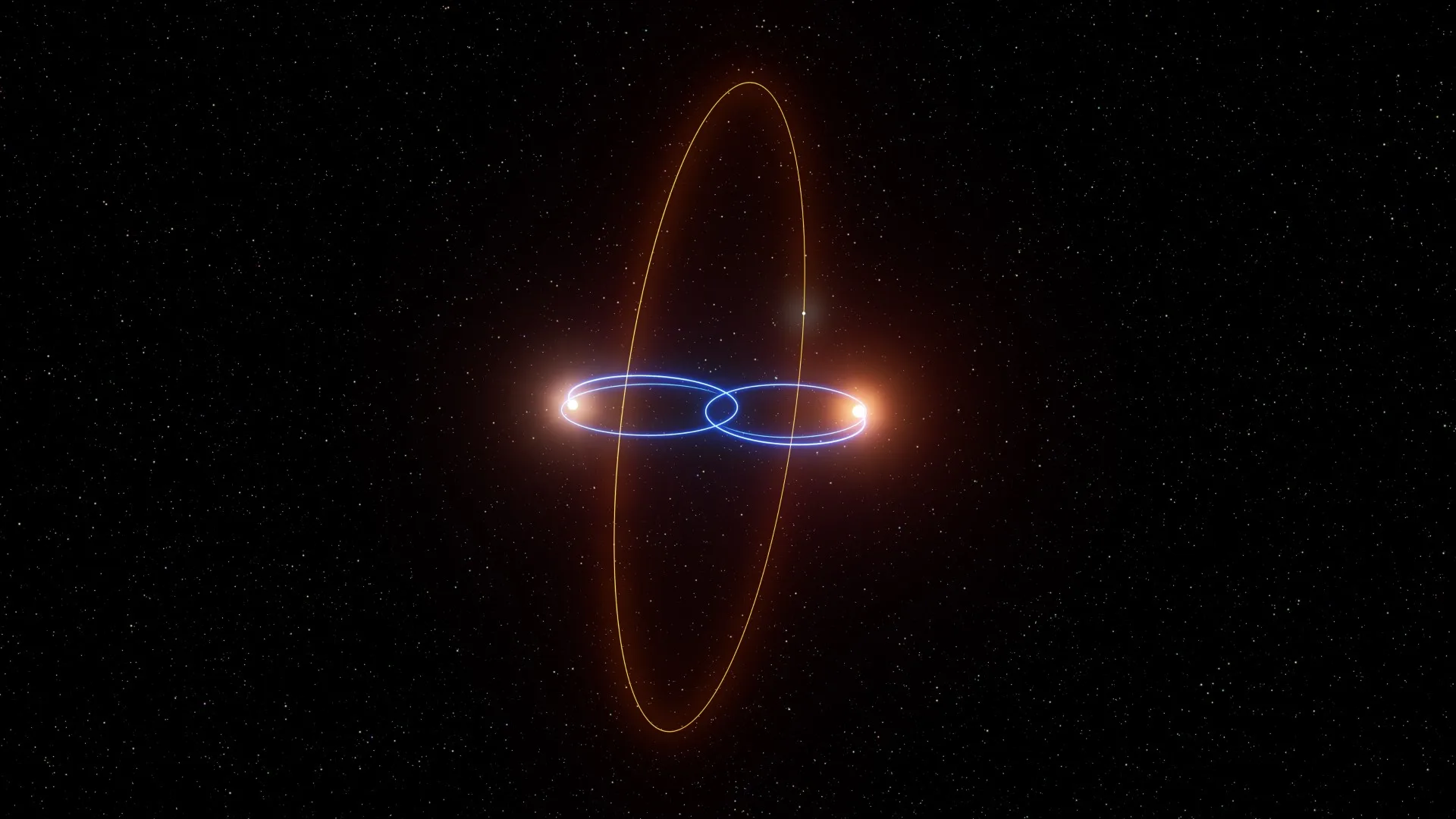 a red ring perpendicular to two blue rings, with the blackness of space behind the three