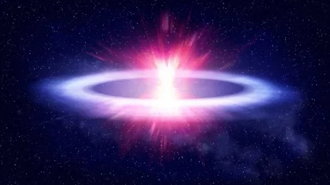 Philip Drury/ University of Sheffield Artist's impression of the luminous fast blue optical transient explosion AT2018cow showing a bright explosion surrounded by a flat blast disk (Credit: Philip Drury/University of Sheffield)
