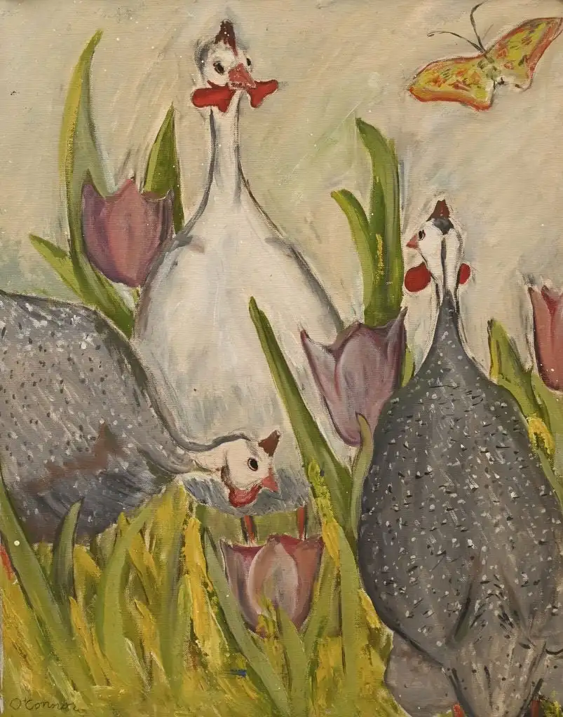 Playful scene with three guinea fowl among tulips and butterfly, painted in bright, lively strokes.