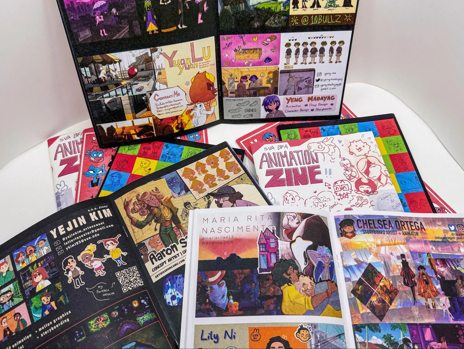 Photo of the BFA Animation zines from 2022, 2023, and 2024.