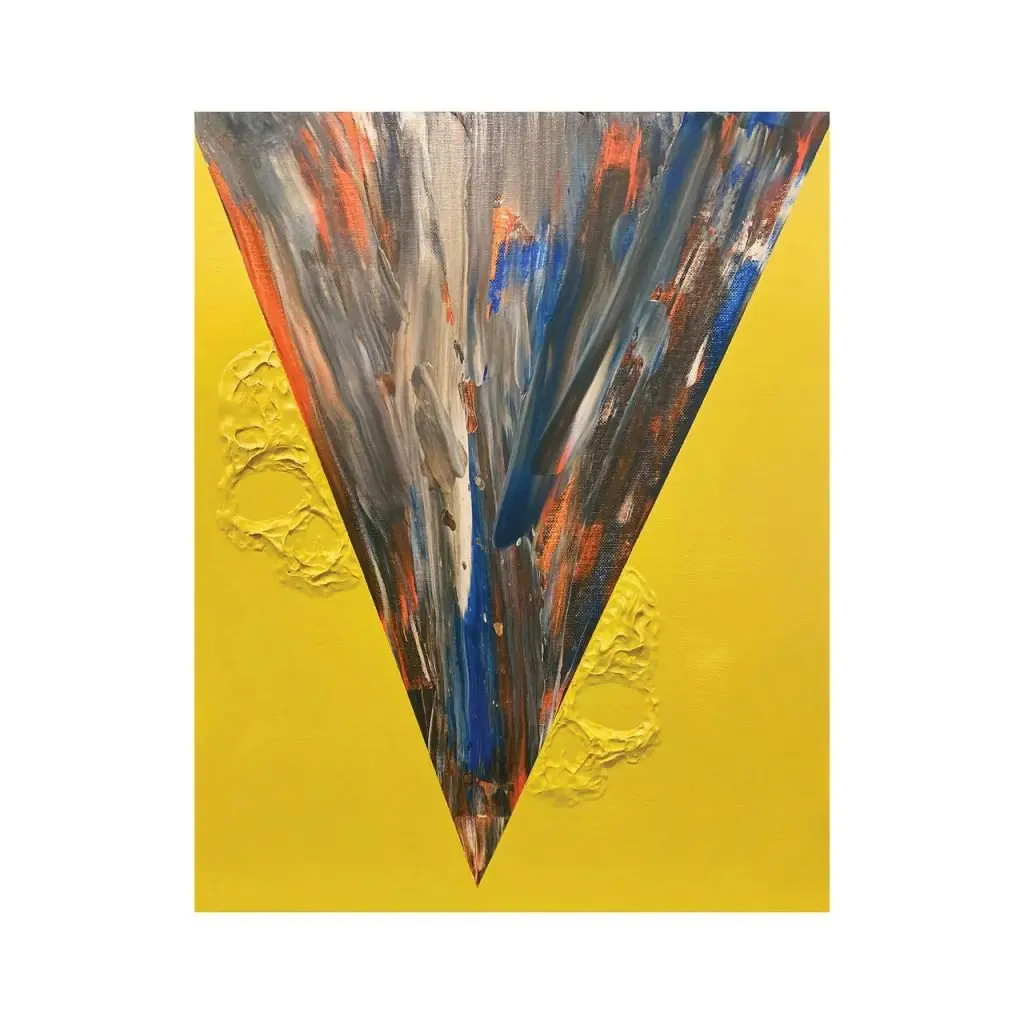 Abstract painting features inverted triangle of blue, gray, and orange brushstrokes against bright yellow background.