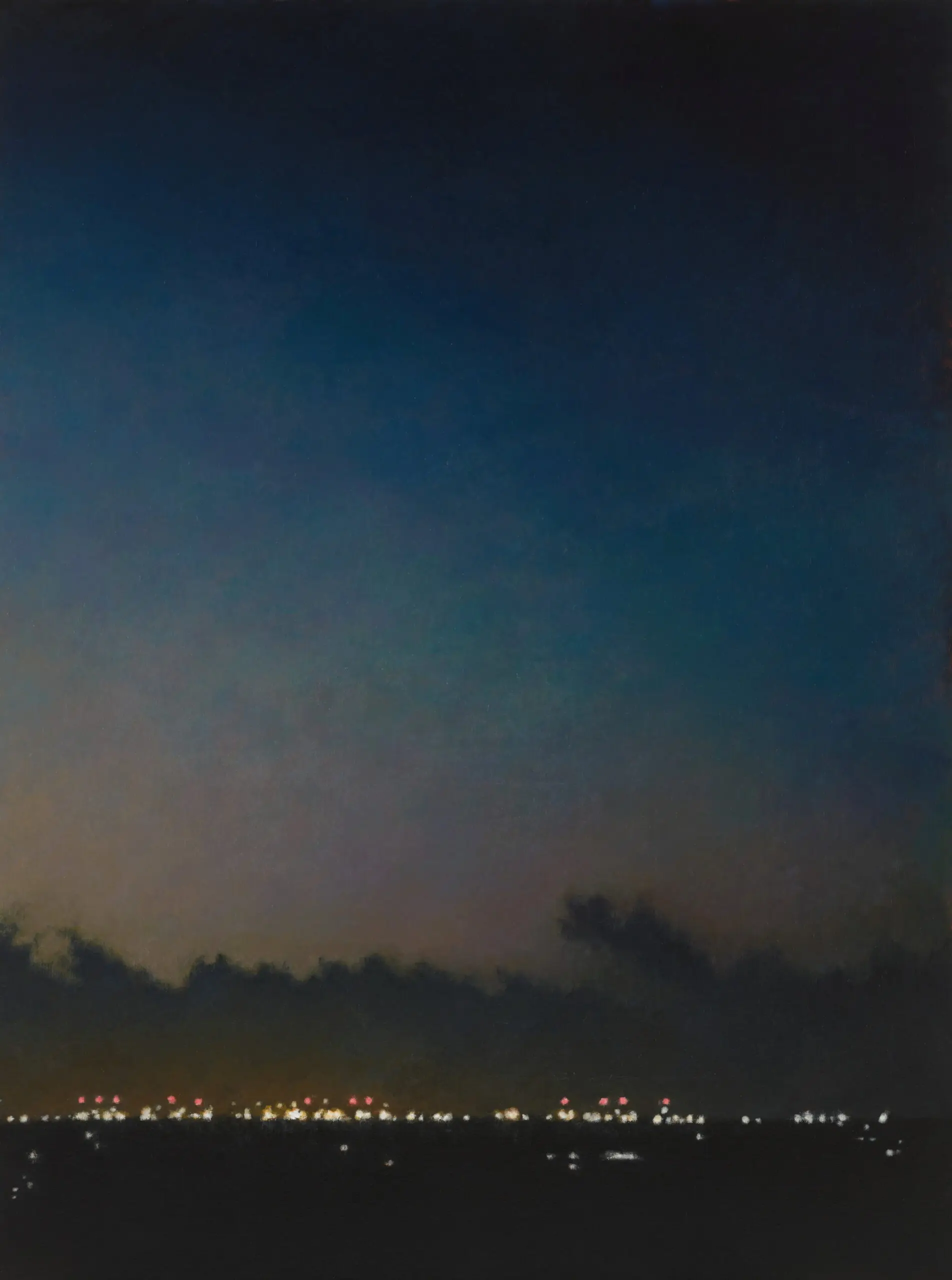 Painting of dark night sky with lights at bottom of canvas.