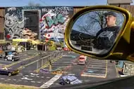 Paul Longoria's  is seen in the mirror of his own lowrider at his home April 9, 2025 in Oak...