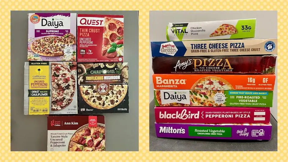 Two photos show a group of five pizza boxes and a stack of seven pizza boxes.