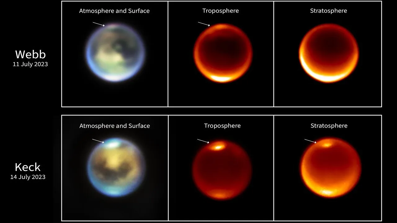 three images of an orb; one is blue and green and two are red lined with whites and oranges along their edges
