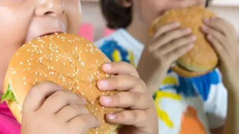 Getty Images Two young children eating burgers in sesame-seeded buns. The children’s full faces are cropped out. Both children are holding the burgers with both hands. One child has a pink top on, and the other has a white top with blue yellow and orange markings on.
