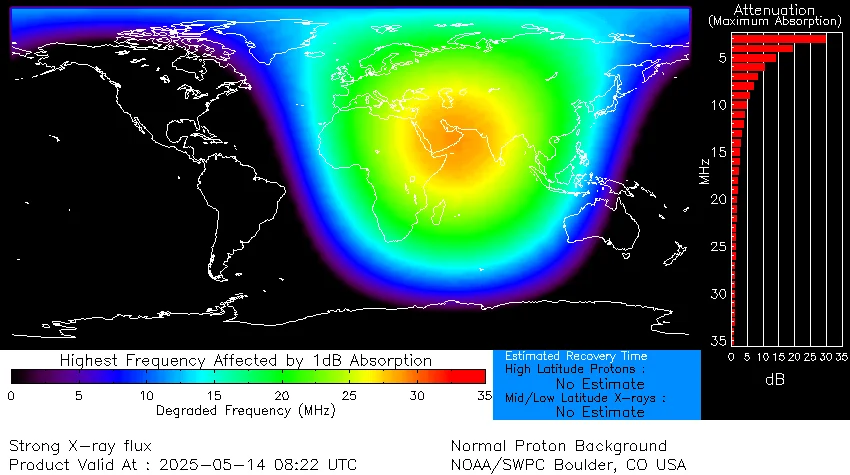 map showing radio blackouts from the X class solar flare affecting Europe, Asia and most concentrated in the Middle East.