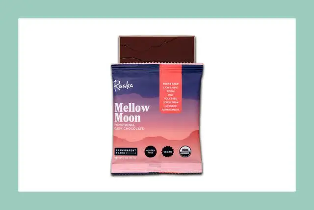 Food & Wine / Raaka Chocolate Ltd Raaka Moon’s “functional” dark chocolate states to have seven adaptogenic herbs and 530 milligrams of mushrooms.