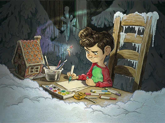 Book illustrations; A boy drawing at a desk in the snow