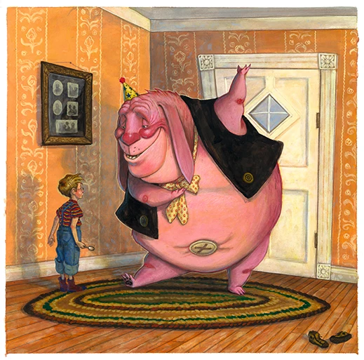 Book illustrations; A large pink creature in a house with a boy