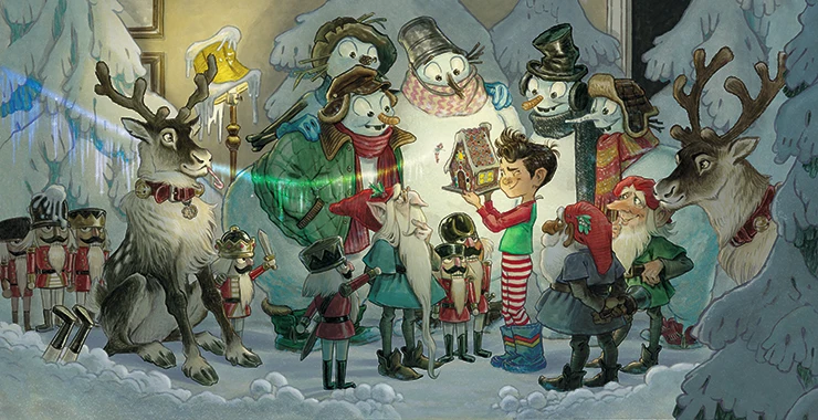 Book illustrations; A cluster of people in the snow