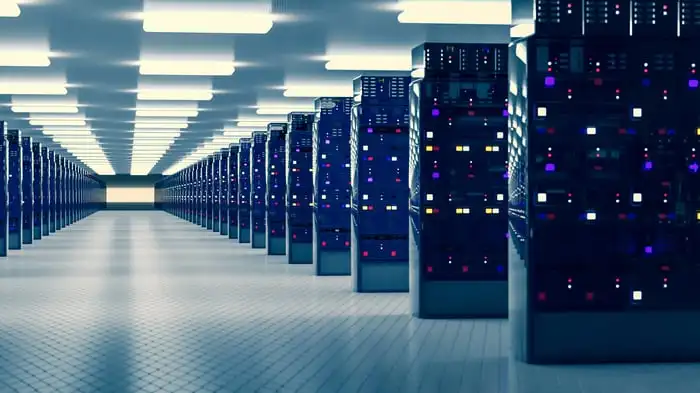 Data center racks in rows. 
