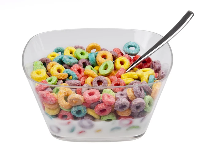 a bowl of Froot Loops breakfast cereal, a common example of ultra-processed foods