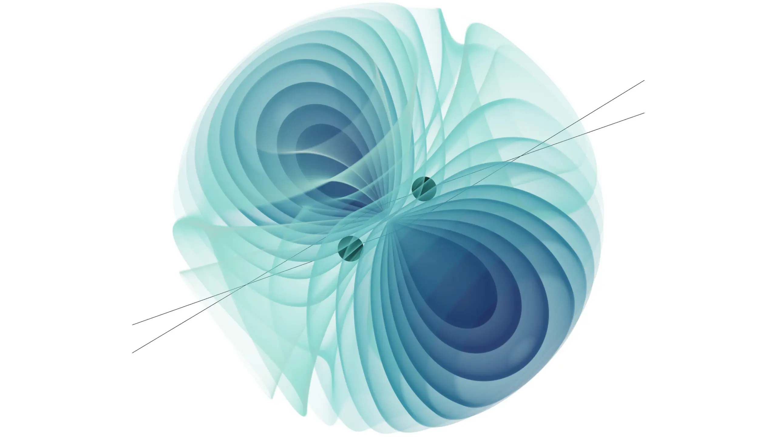 visualization showing turquoise ripples emanating from two small dark spheres, creating a flower-like shape