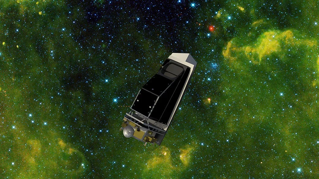 A spacecraft illustration in a greenish spot of sparkling space.