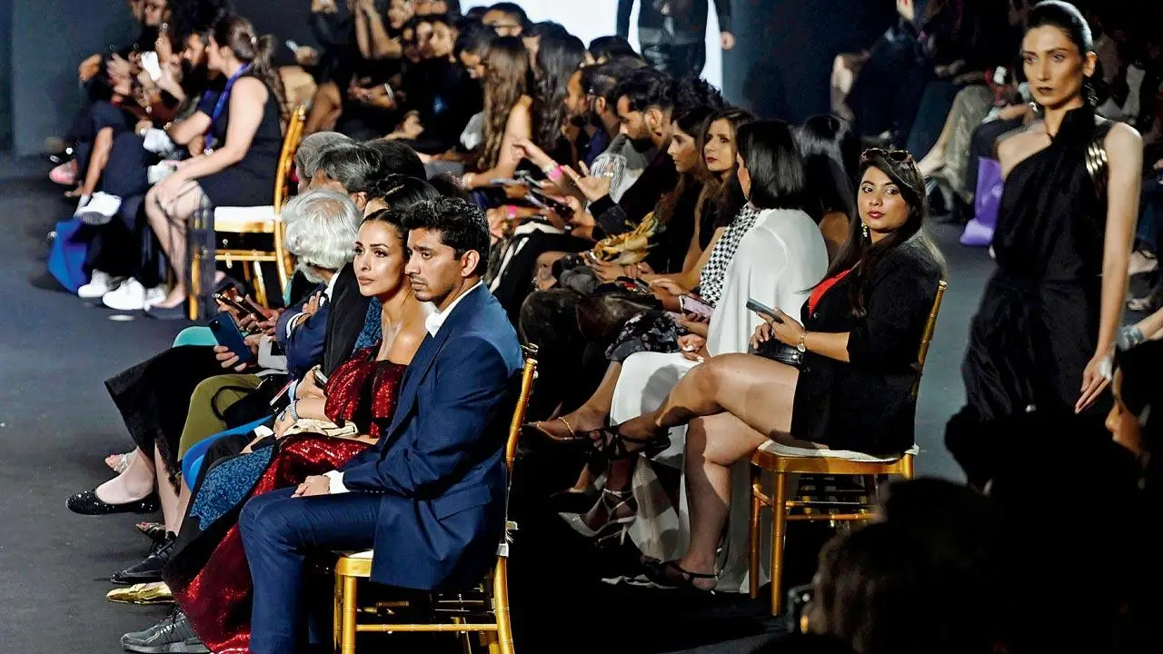 Model, actor and TV personality Malaika Arora in the front row for Amit Aggarwal’s show at Lakme Fashion Week 2025 at Jio Convention Center in BKC on March 28. Pic/Satej Shinde