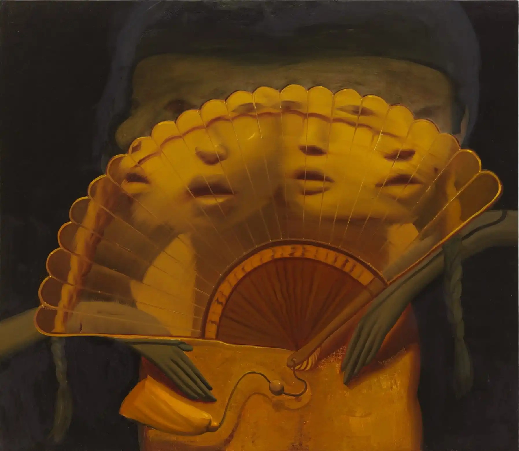 an abstracted painting composition of a fan with four faces merged with it or behind it, set against a dark background
