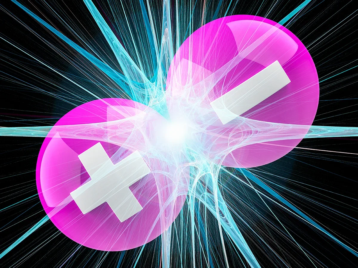 Conceptual illustration of a matter-antimatter particle pair. Credit LAGUNA DESIGN / SCIENCE PHOTO LIBRARY