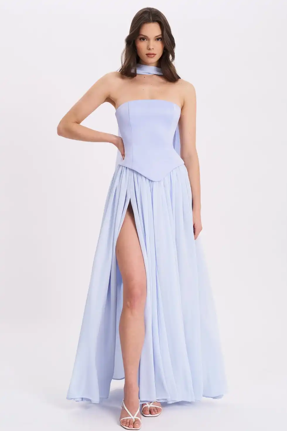 Qianna Baby Blue Drop Waist Chiffon Gown