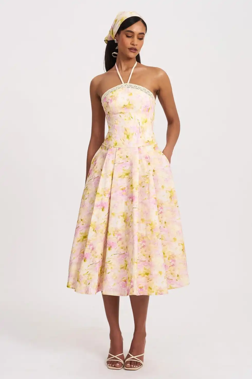 Zaina Yellow Pink Floral Midi Dress