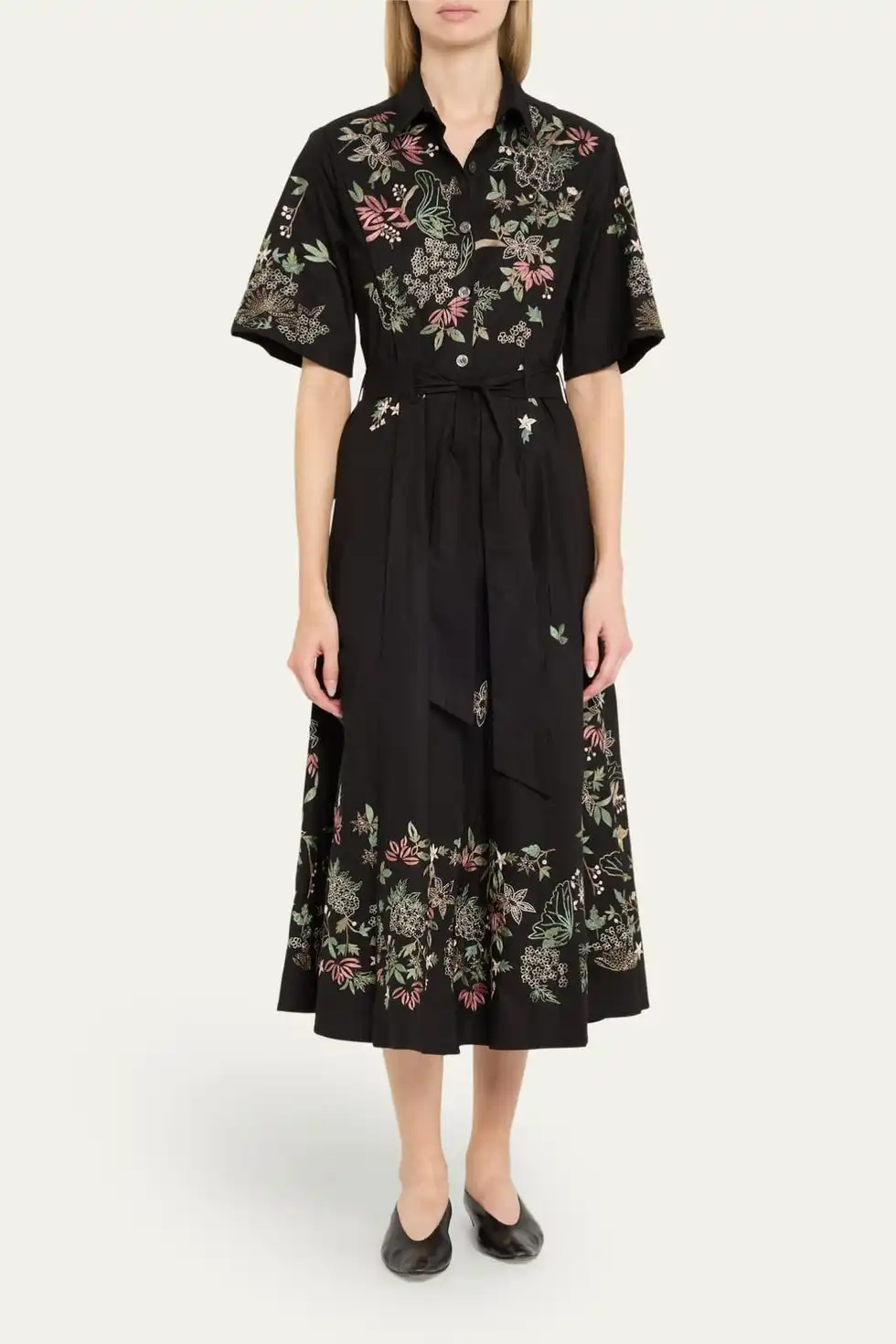 Garden Embroidered Self-Tie Midi Shirtdress
