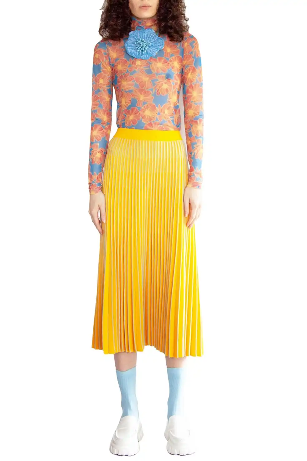 Mesh Turtleneck Top in Orange Floral Print