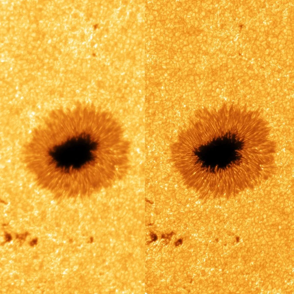 two views of a black splotch on a fuzzy-looking orange-and-yellow field. the one on the left is slightly blurry, while the one on the right is clear and crisp