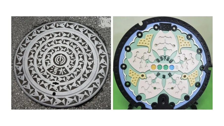 À esquerda, a primeira tampa de bueiro projetada pelo Japão. À direita, uma tampa de bueiro de Tóquio exibe uma flor de cerejeira, um símbolo do Japão. À esquerda, a primeira tampa de bueiro projetada pelo Japão. À direita, uma tampa de bueiro de Tóquio exibe uma flor de cerejeira, um símbolo do Japão.