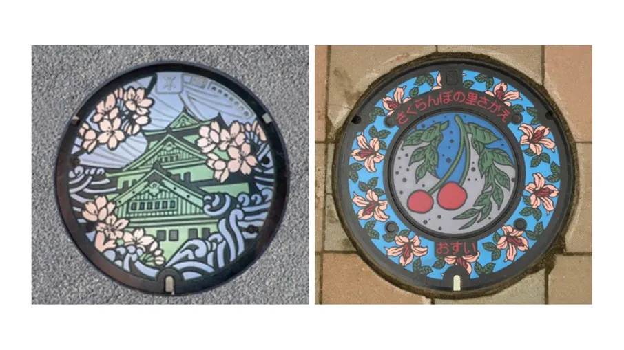 À esquerda, uma tampa de bueiro de design que apresenta o Castelo de Osaka, visitada por fãs e também de dentro do Japão em busca de cartões de bueiro. À direita, uma tampa de bueiro de designer da cidade de Sagae, conhecida como uma área que cultiva cerejas. À esquerda, uma tampa de bueiro de design que apresenta o Castelo de Osaka, visitada por fãs e também de dentro do Japão em busca de cartões de bueiro. À direita, uma tampa de bueiro de designer da cidade de Sagae, conhecida como uma área que cultiva cerejas.