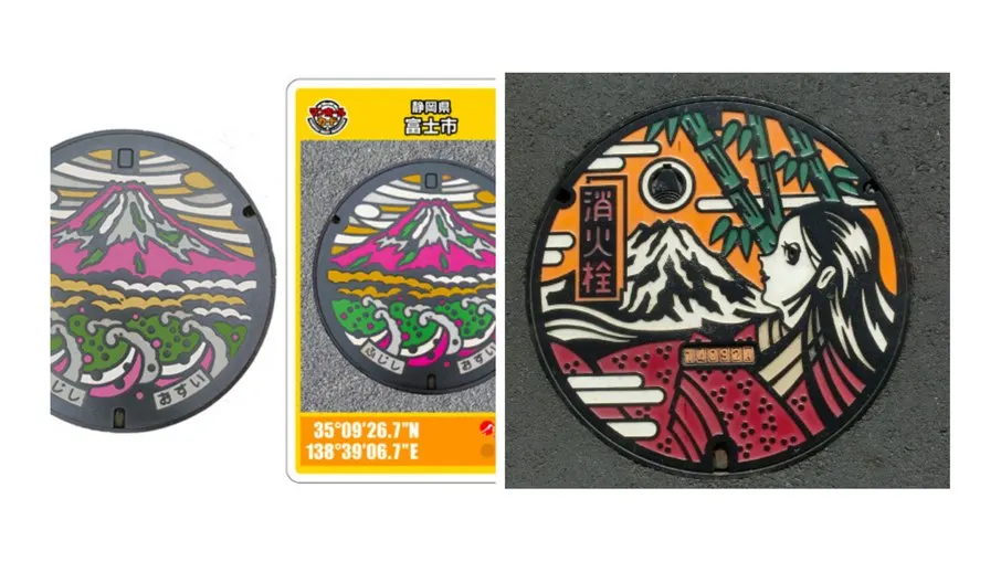À esquerda, uma tampa de bueiro e um cartão de bueiro de design da Fuji City. À direita, Uma tampa de bueiro de design para um hidrante de incêndio, mostrando o Monte Fuji e a Princesa Kaguya. À esquerda, uma tampa de bueiro e um cartão de bueiro de design da Fuji City. À direita, Uma tampa de bueiro de design para um hidrante de incêndio, mostrando o Monte Fuji e a Princesa Kaguya.