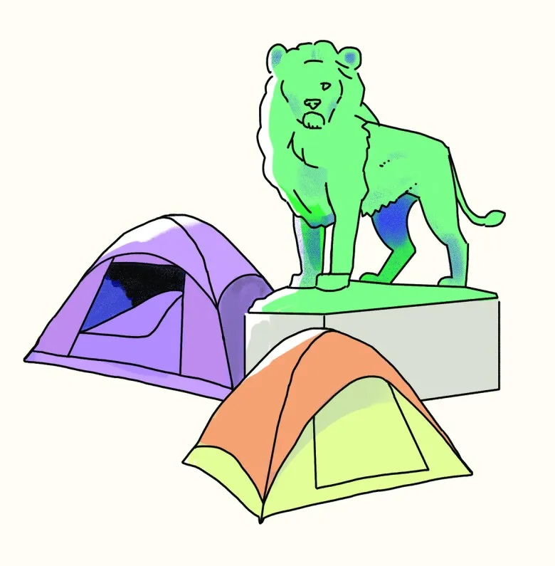 A color illustration shows two tents set up beside one of the lion statues outside the Art Institute of Chicago against an off-white background. The lion is green and the tents are purple and orange.