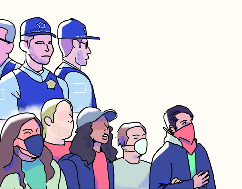 A color illustration shows a group of protesters at the bottom with three police officers standing above them. The figures are seen against an offwhite background.