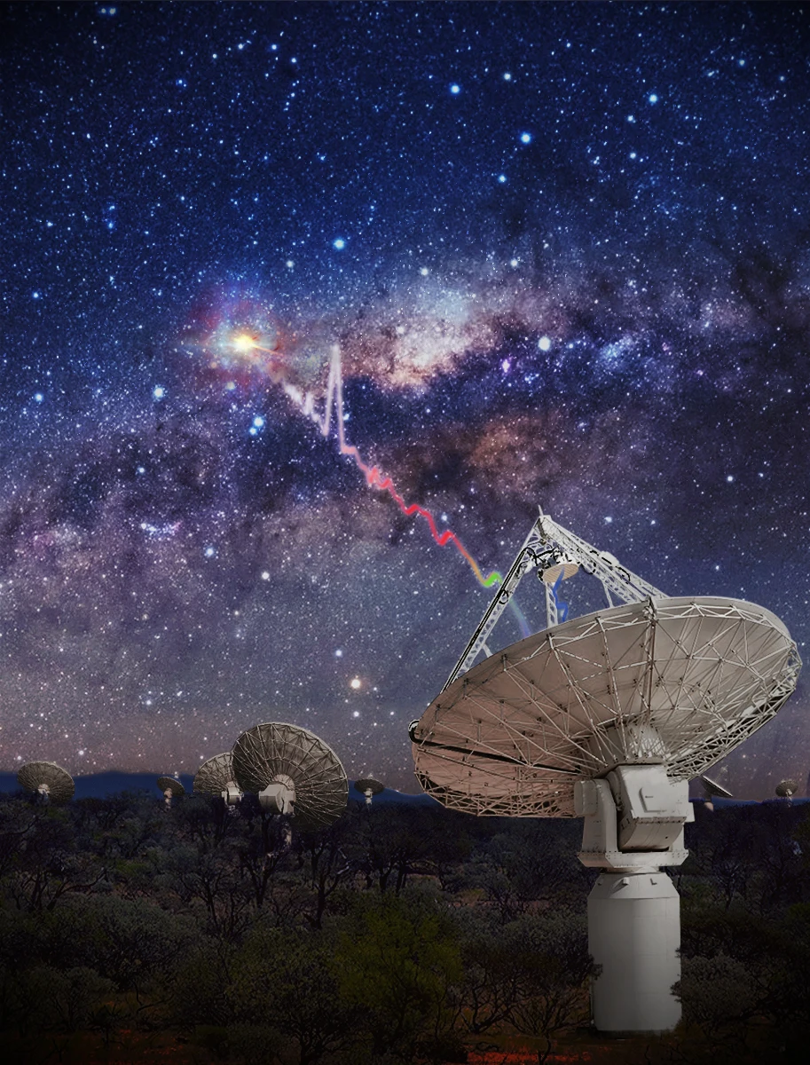 An artist's illustration of a white ASKAP radio dish detecting a fast radio burst (FRB) in a starry night sky above.