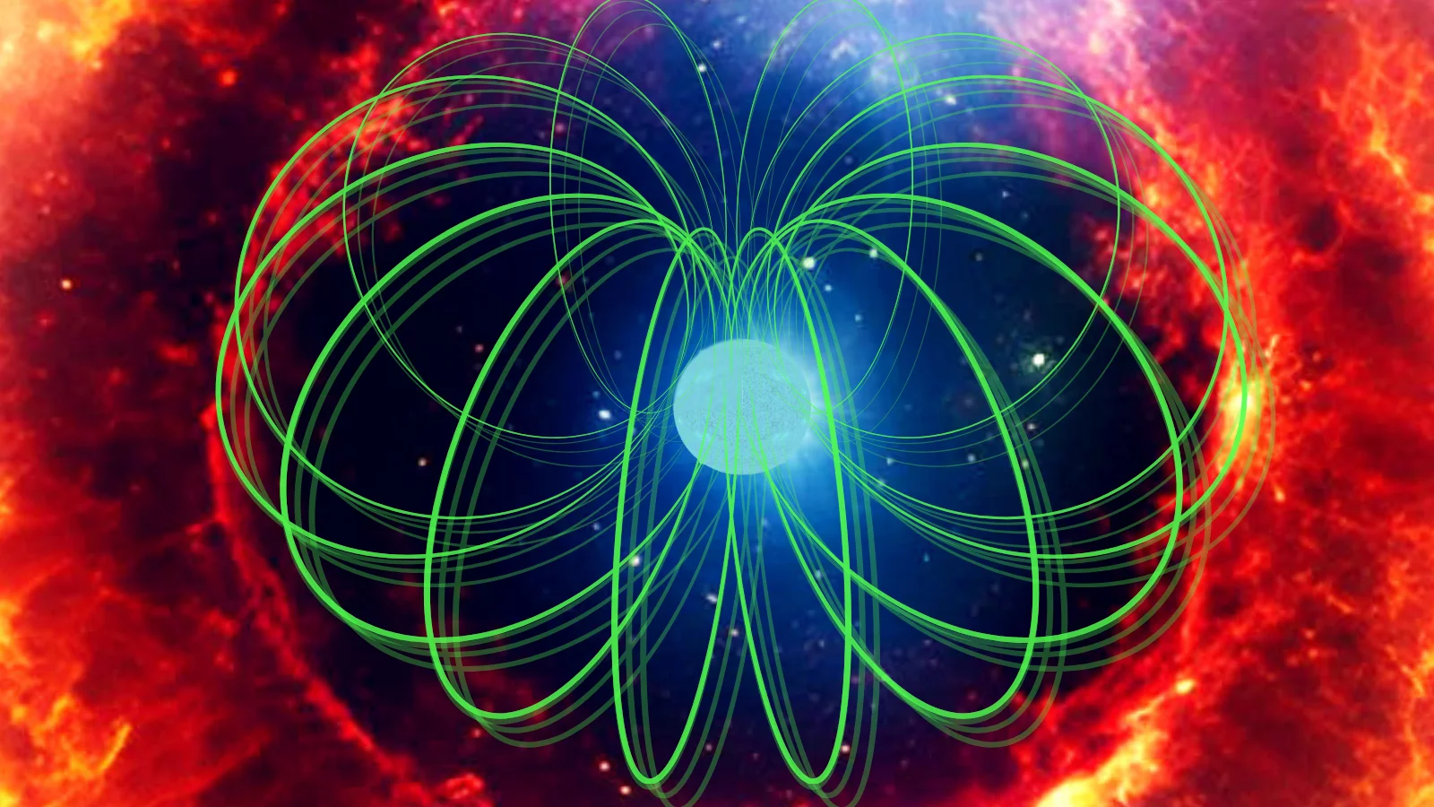 An illustration shows a magnetar surrounded by green magnetic field lines.