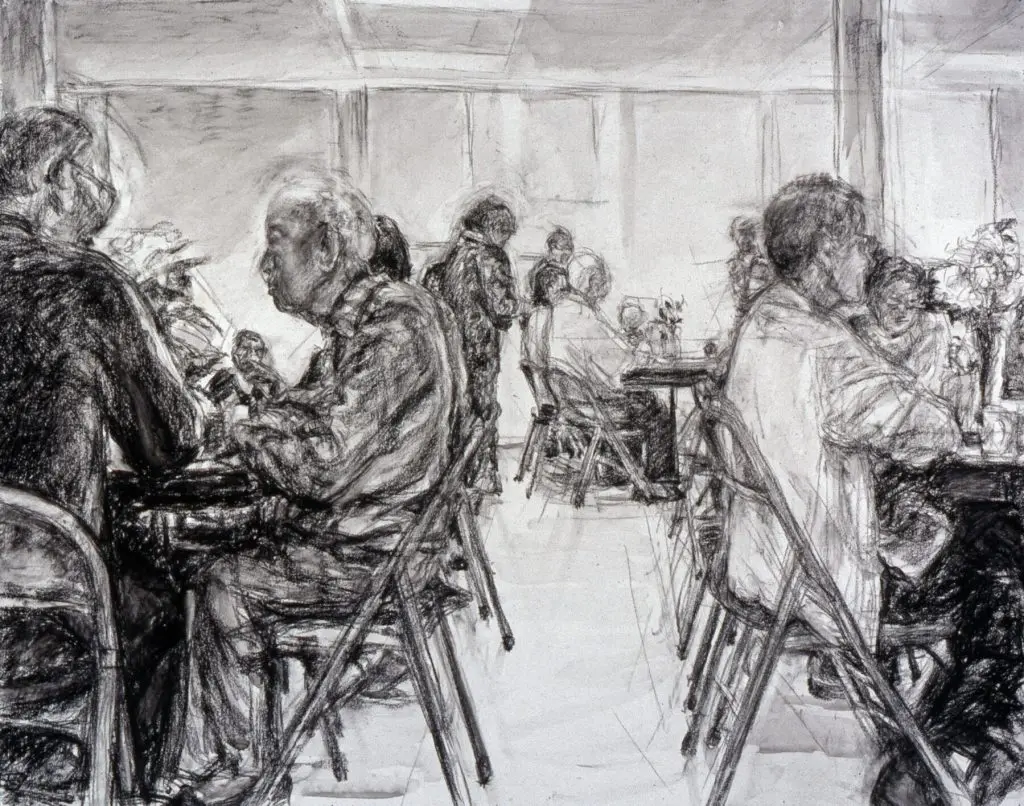 black-and-white drawing of figures seated in folding aluminum chairs at tables, blank space in the center of the composition foreground reveals more tables in background