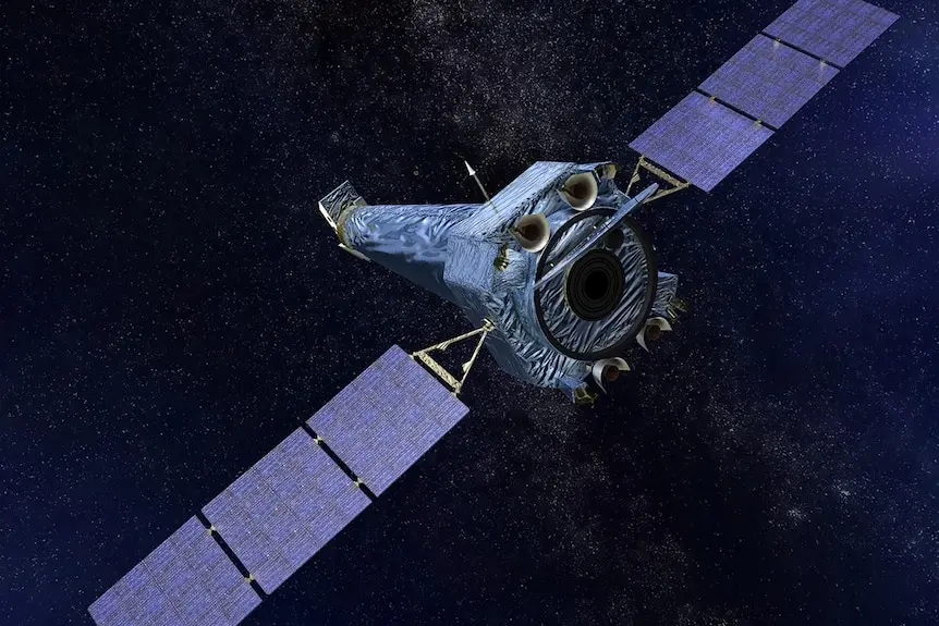 Artist's illustration of a spacecraft flying in space with two wide solar panels.
