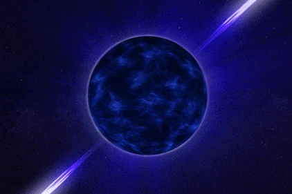 A black ball spinning on its axis, with light shooting out of both poles. 