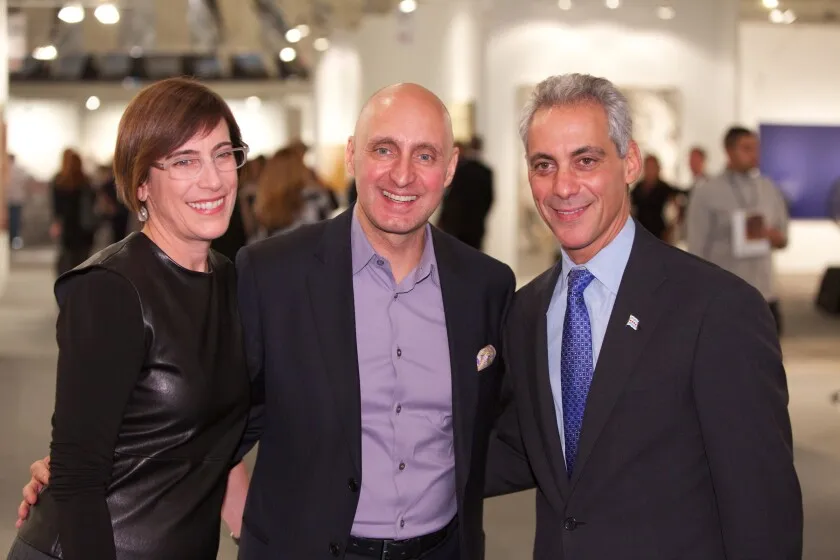 (From left) Madeleine Grynsztejn, the Pritzker Director of the Museum of Contemporary Art, Tony Karman, president and soon-to-be former director of EXPO Chicago, and former Chicago mayor Rahm Emanuel.