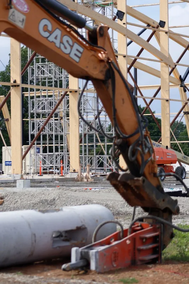 Numerous wooden pieces, including heavy wooden trusses, are seen Thursday, May 29, 2025, at the Upper Macungie Township Community Lifestyle Center. The pieces will ensure the building's longevity. (Oliver Lois Economidis/The Morning Call)
