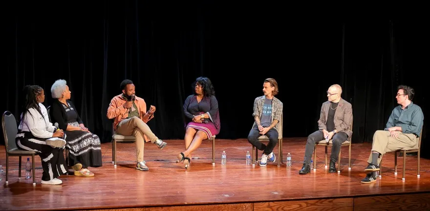 Representatives from Teatro Dallas, Deep Vellum, AT&T Performing Arts Center and other groups come together to discuss the future of the art funding following NEA grant withdrawals at the Bishop Arts Theatre Center on Thursday, May 29, 2025 in Dallas. (Steve Nurenberg / Special Contributor)